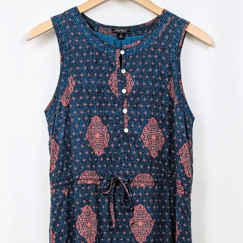 Lucky Brand Tank Dress Drawstring Waist Button Front Medallion Print Blue Pink S